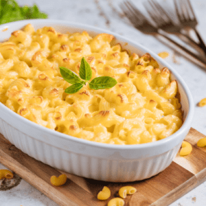 Baked mac and cheese in a casserole dish