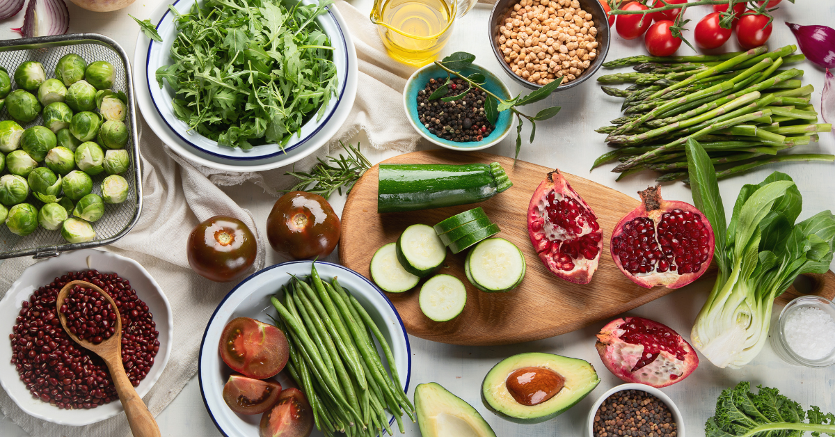 healthy foods arranged on a countertop