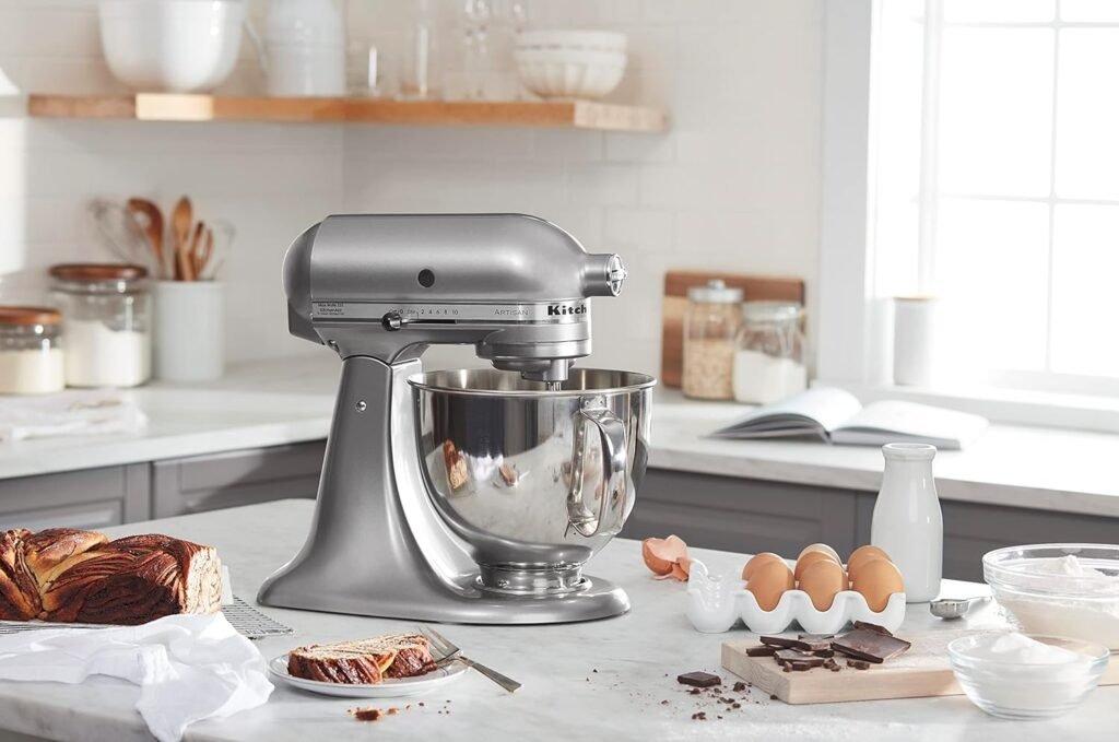 Stand mixer on counter with food around it