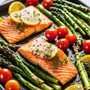 salmon on a baking sheet with asparagus and tomatoes