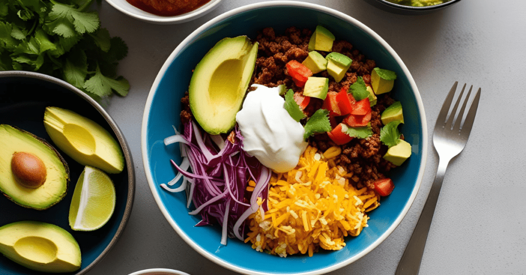 taco bowl with ingredients around bowl