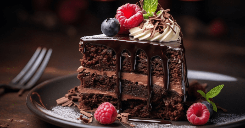 chocolate cake slice with berries on top